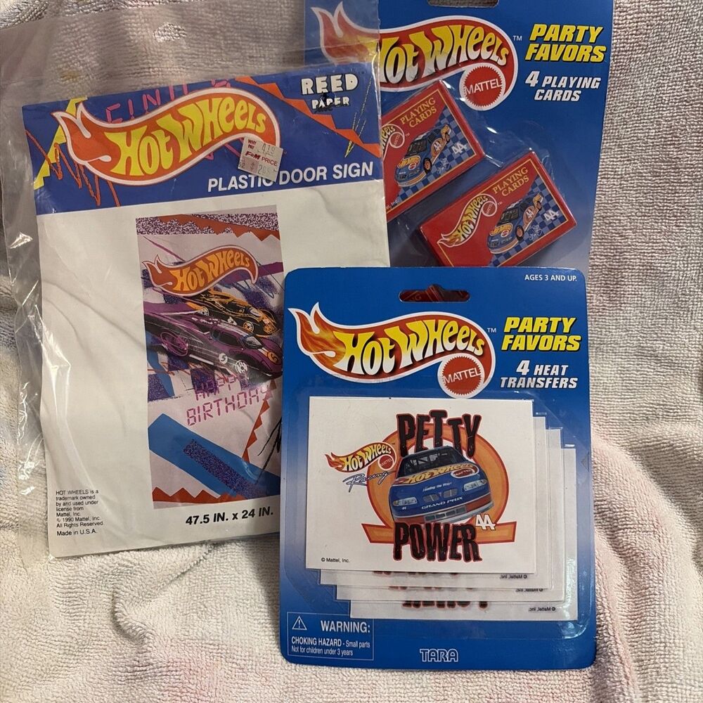 Vintage Original Hot Wheels Birthday Supplies Plastic Door Sign, Playing Cards